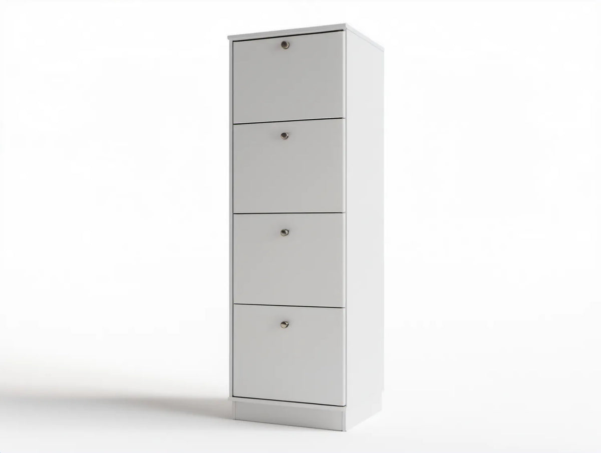 Biała szafka na buty z 4 uchylnymi schowkami, 63 x 24 x 160 cm
