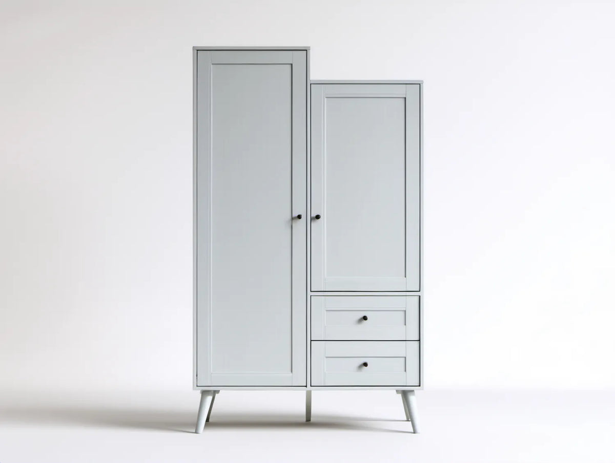 Jasnoszara szafa dwudrzwiowa MDF z 2 szufladami, 90 x 45 x 180 cm
