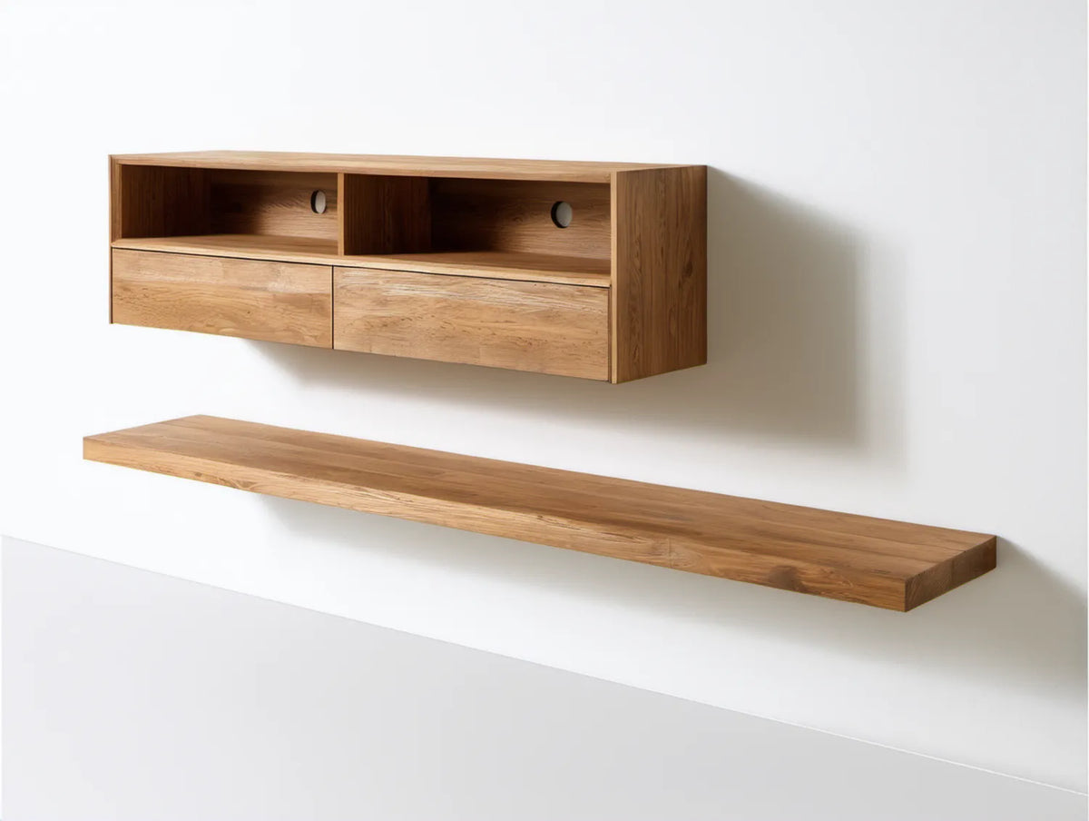 Wiszący zestaw z litego drewna dębowego, szafka 160 x 35 x 35 cm i półka 160 x 25 x 4 cm, naturalny dąb