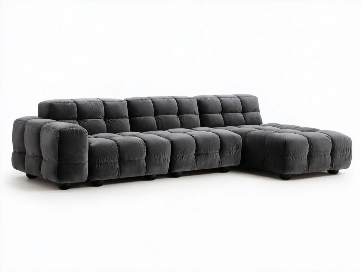 Grafitowa sofa narożna z prawostronnym szezlongiem, aksamit poliestrowy, 300 x 180 x 78 cm