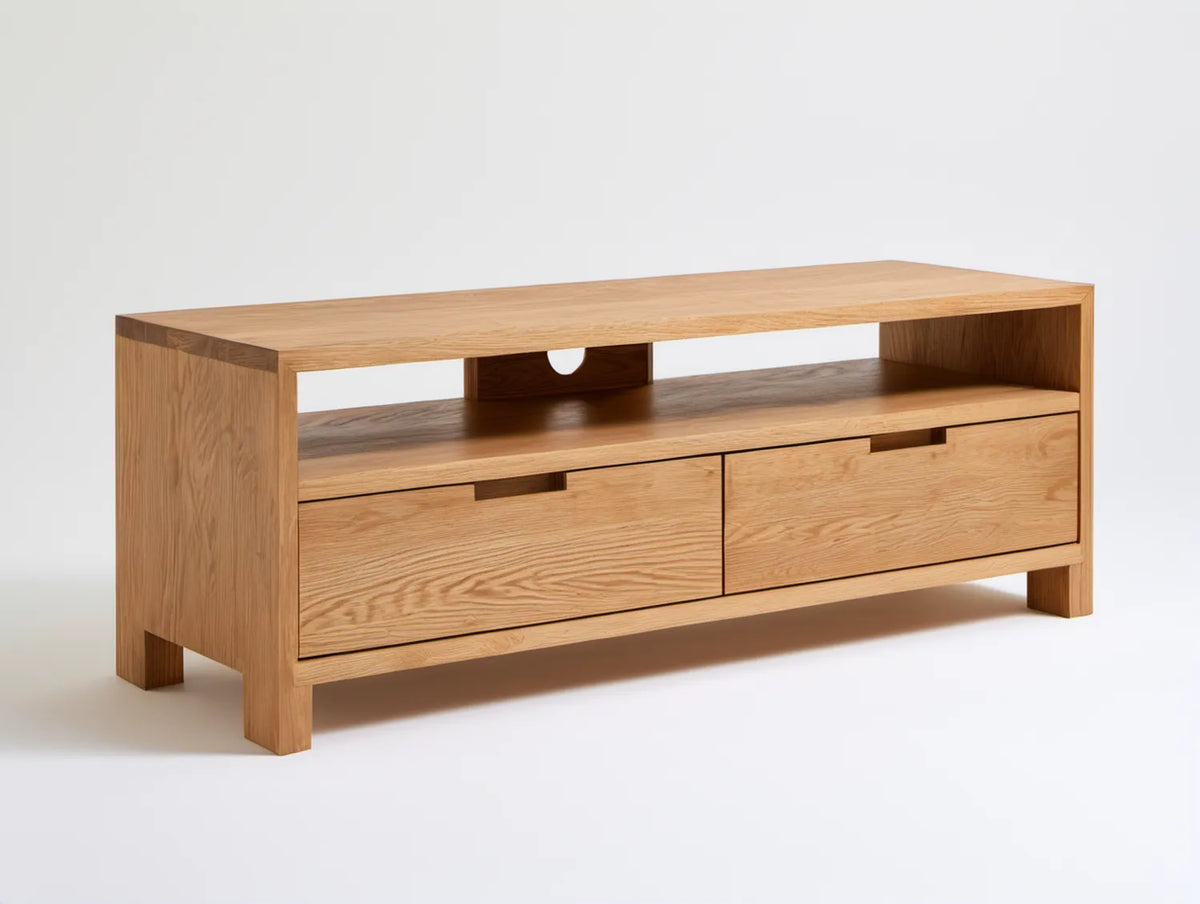 Dębowa szafka RTV z litego drewna, 140 x 40 x 55 cm, naturalny dąb, 2 szuflady