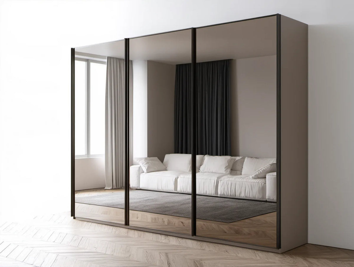 Szafa przesuwna z 3 lustrzanymi drzwiami, taupe/czarna, 270 x 60 x 220 cm