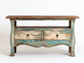 Rustykalny stolik kawowy z litego drewna turkusowo-beżowo-brązowy z 2 szufladami, 110 x 40 x 75 cm