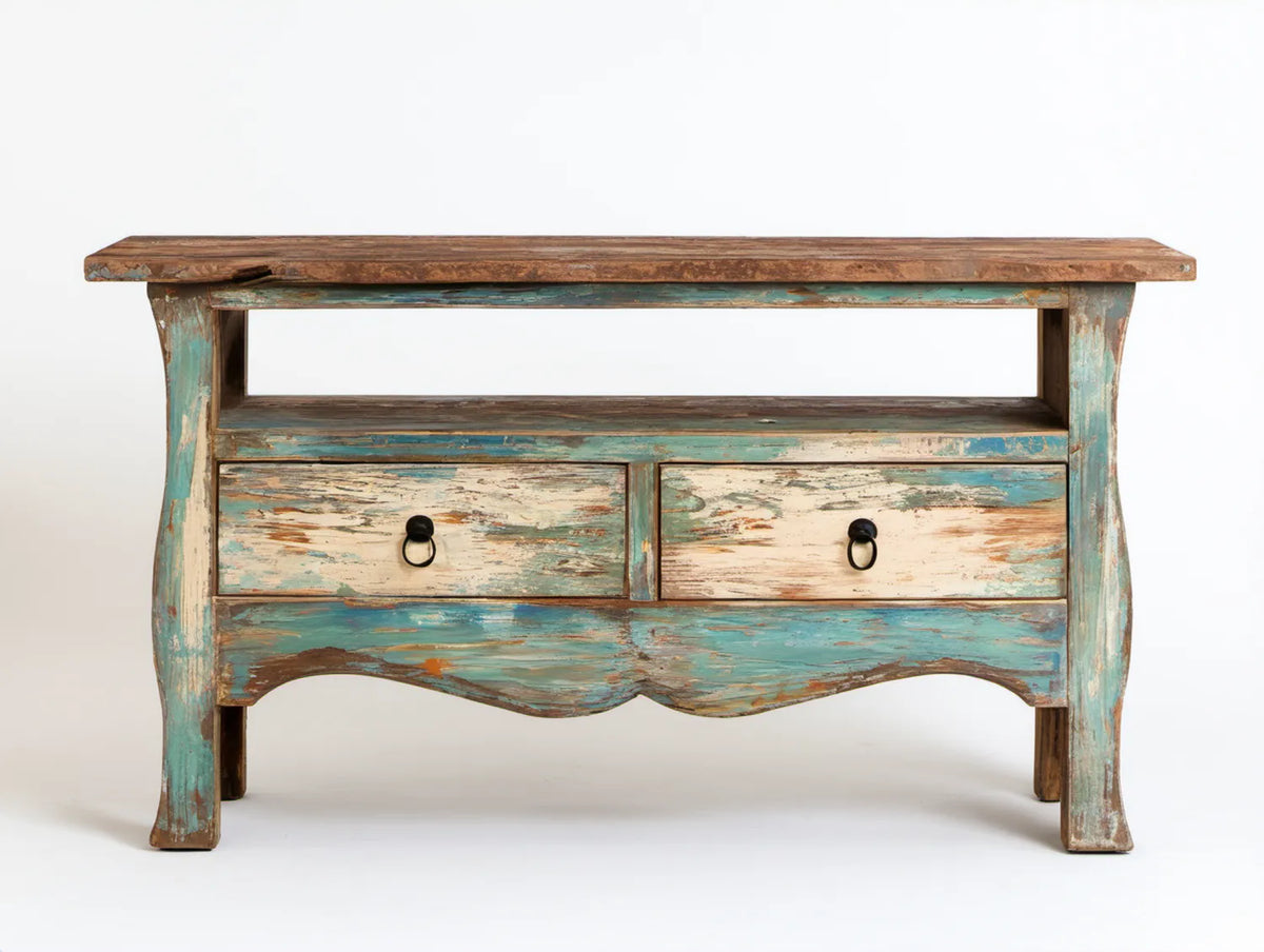 Rustykalny stolik kawowy z litego drewna turkusowo-beżowo-brązowy z 2 szufladami, 110 x 40 x 75 cm