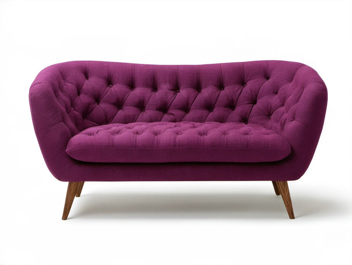 Dwuosobowa sofa pikowana fioletowa z brązowymi nogami, 160 x 85 x 82 cm