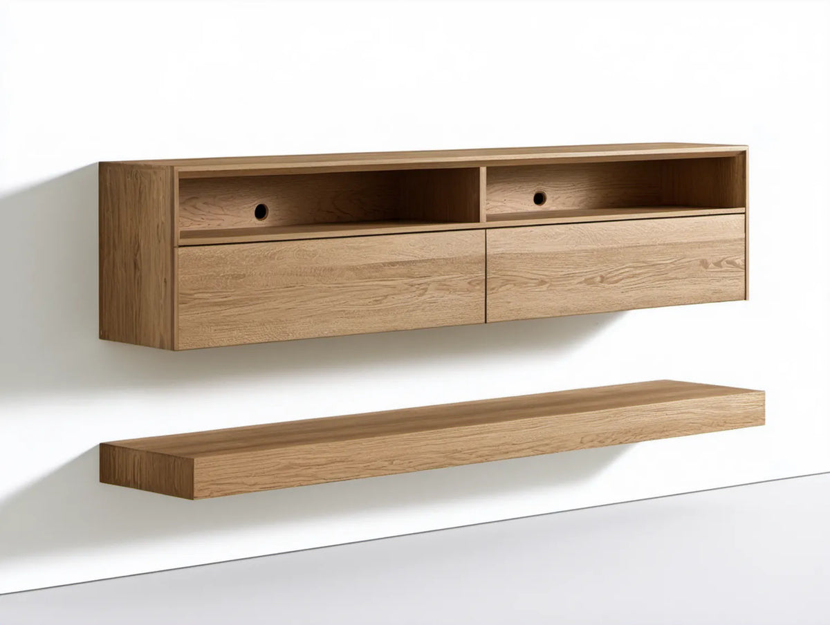 Wiszący zestaw RTV z półką, naturalny dąb, moduł 160 × 40 × 40 cm, półka 160 × 20 × 8 cm