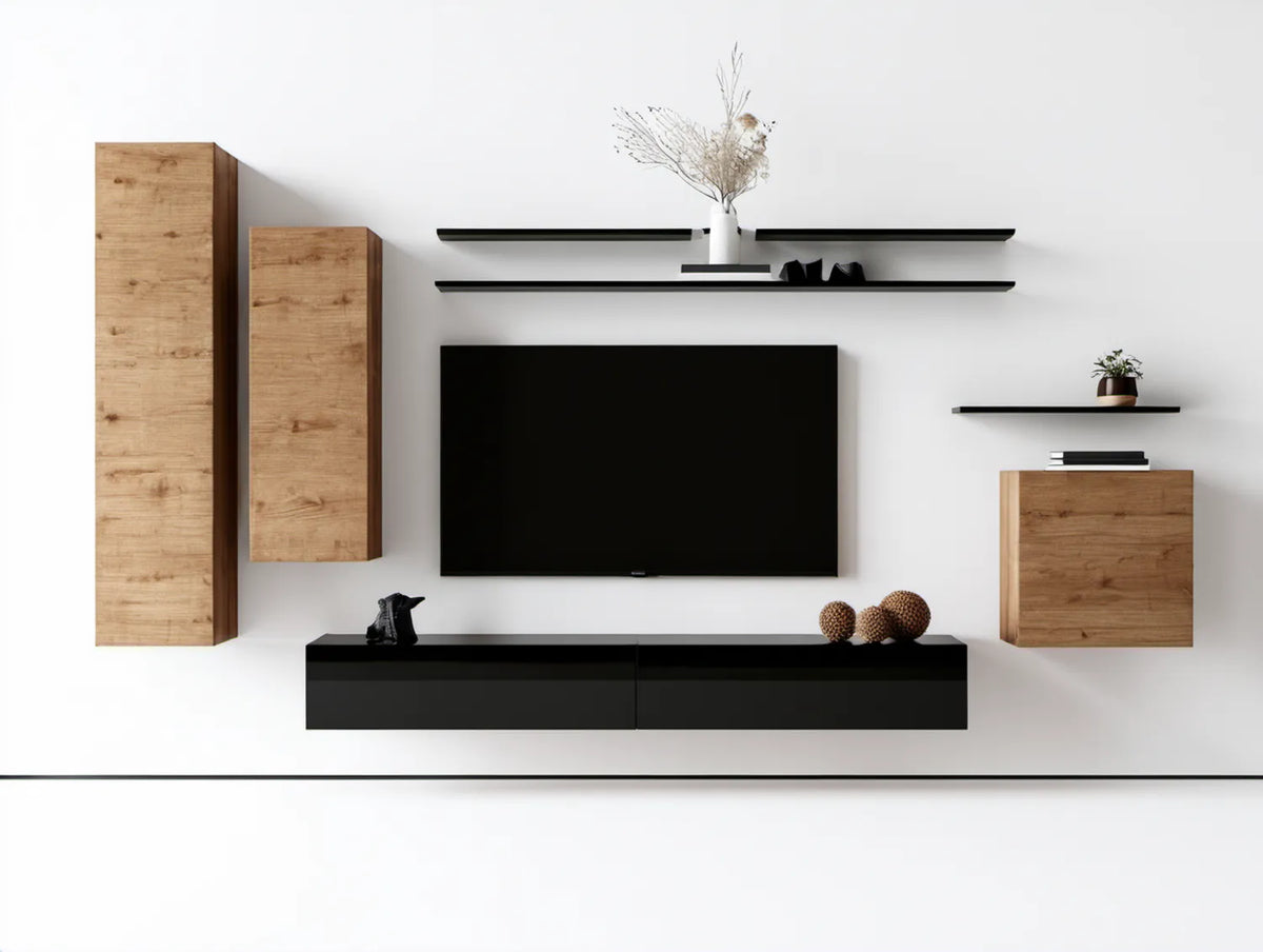 Zestaw mebli ściennych czarny/dąb artisan 280 x 180 x 35 cm, 8 elementów
