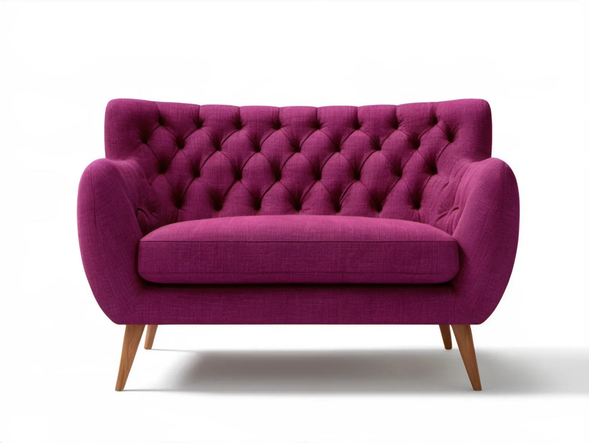 Dwuosobowa sofa pikowana fioletowa z brązowymi nogami, 160 × 86 × 86 cm