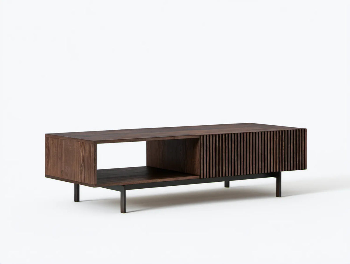Stolik kawowy z ryflowanym frontem, ciemny orzech/czarny, MDF i stal, 140 x 40 x 45 cm