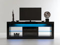 Czarna szafka RTV z niebieskim oświetleniem LED, MDF i szkło hartowane, 180 x 40 x 60 cm