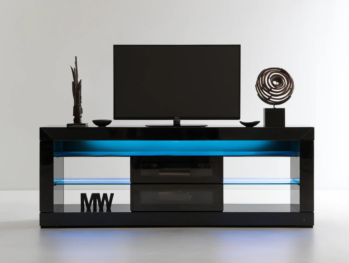 Czarna szafka RTV z niebieskim oświetleniem LED, MDF i szkło hartowane, 180 x 40 x 60 cm